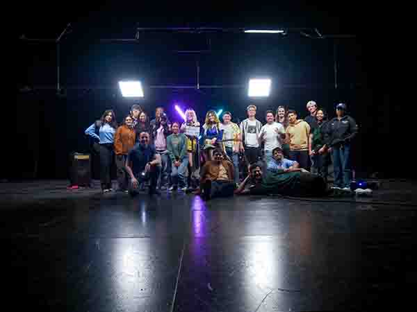 Group shot of cast and crew from Jeffrey Whitten's FEA 338 class taping of Long Beach Underground featuring Carmela